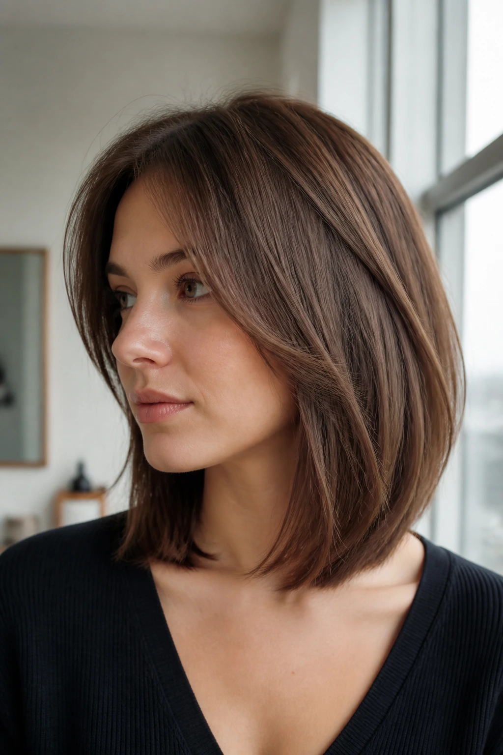 Close-up of a real woman with collarbone-length lob and internal layering