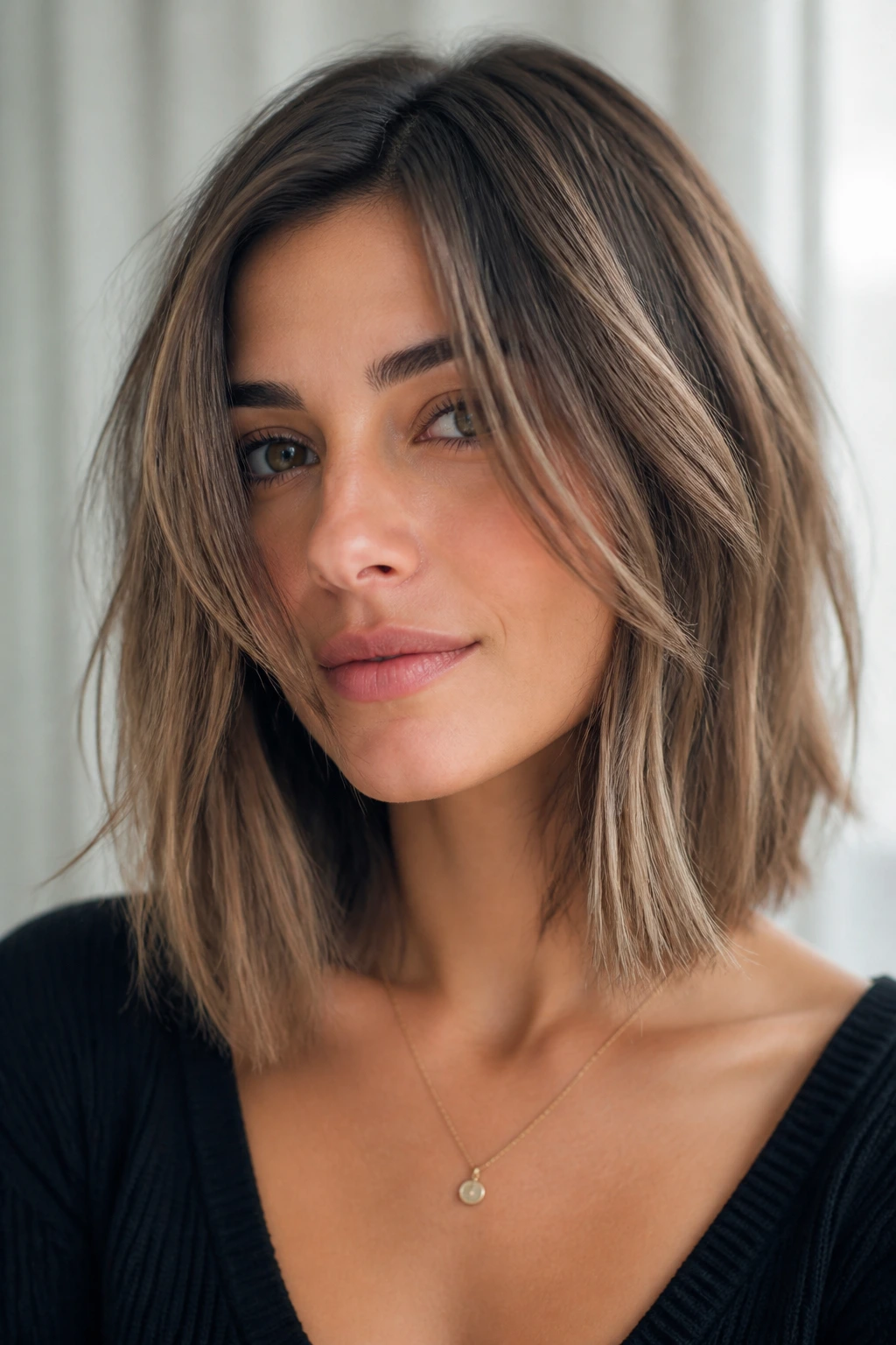 Portrait of a woman with collarbone-length lob and internal layers.