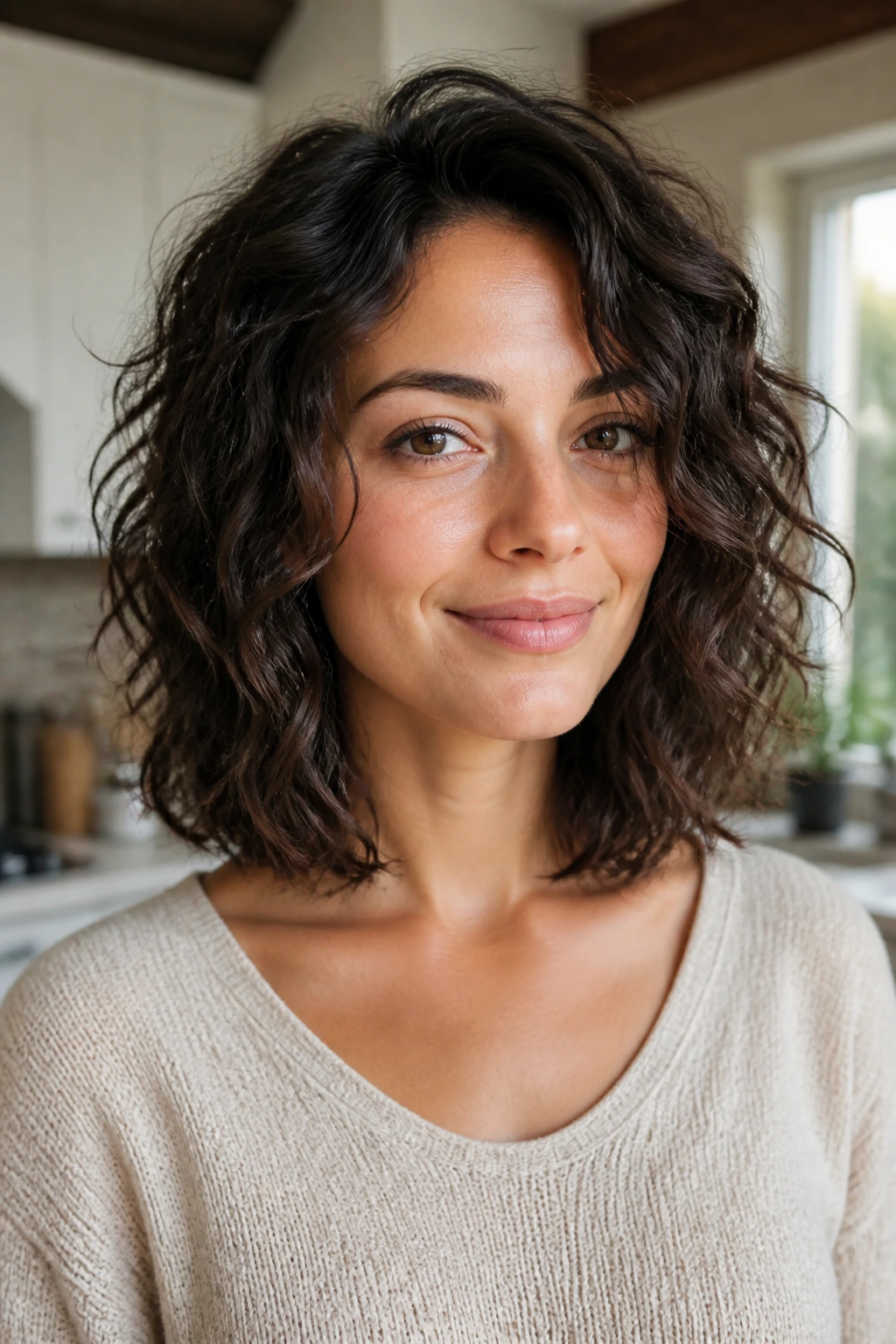 Real woman with collarbone-length lob and invisible layers