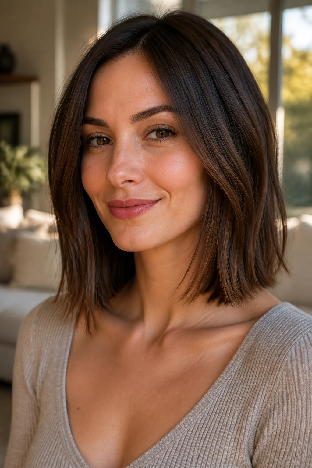 Portrait of a real woman with collarbone-length lob and hidden layers