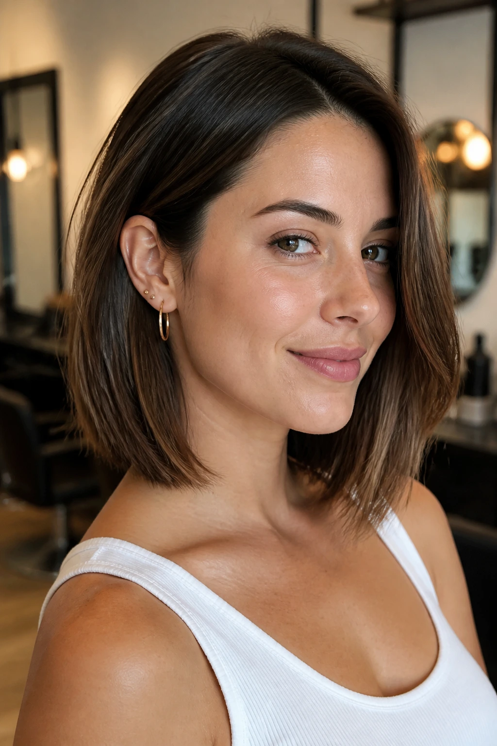 Close-up of collarbone-length lob with invisible layers on a real woman