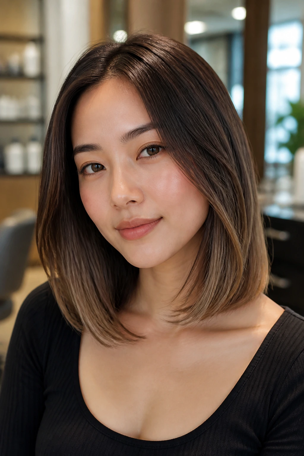 Close-up portrait of a real woman with Collarbone Lob with Invisible Layers, center part and light ends.