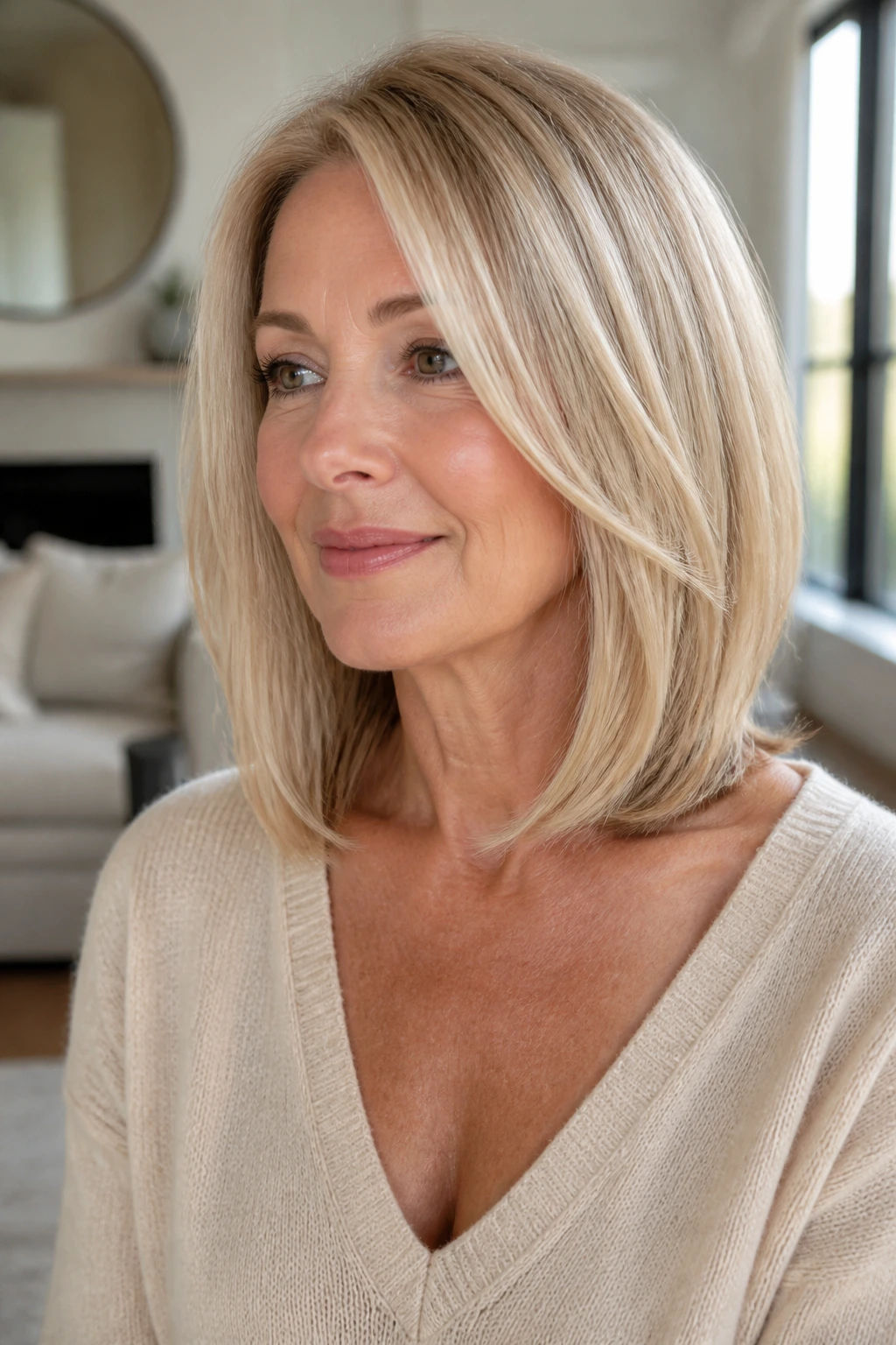 Real woman with collarbone-length lob and invisible layers in airy room