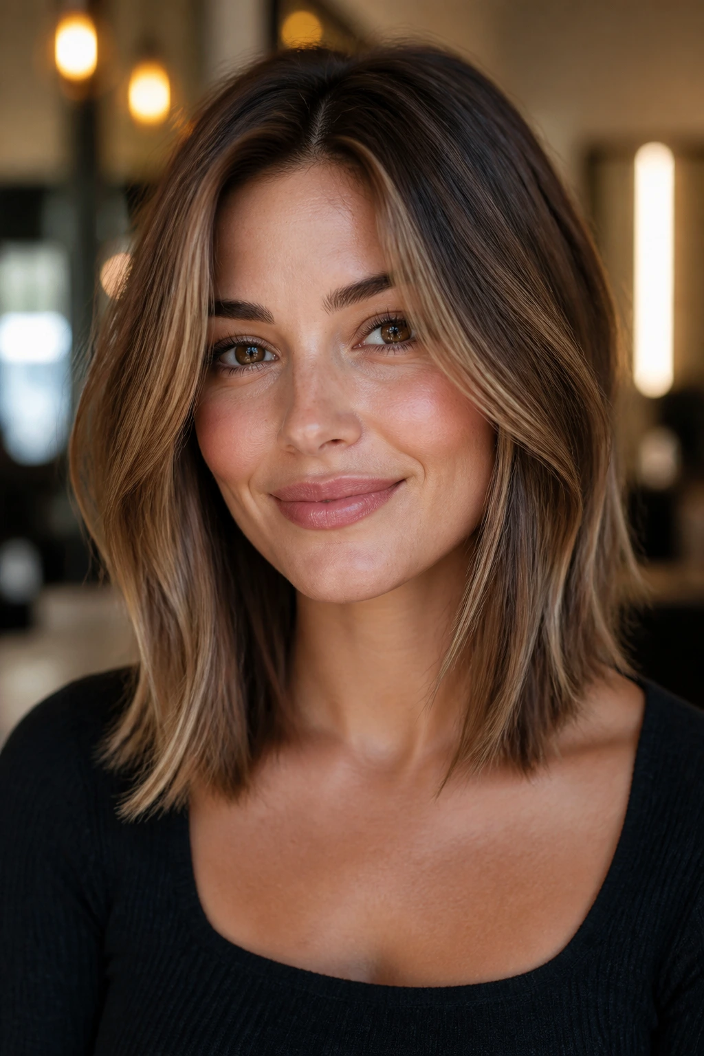 Close-up of a real woman with a collarbone-length lob and invisible layers