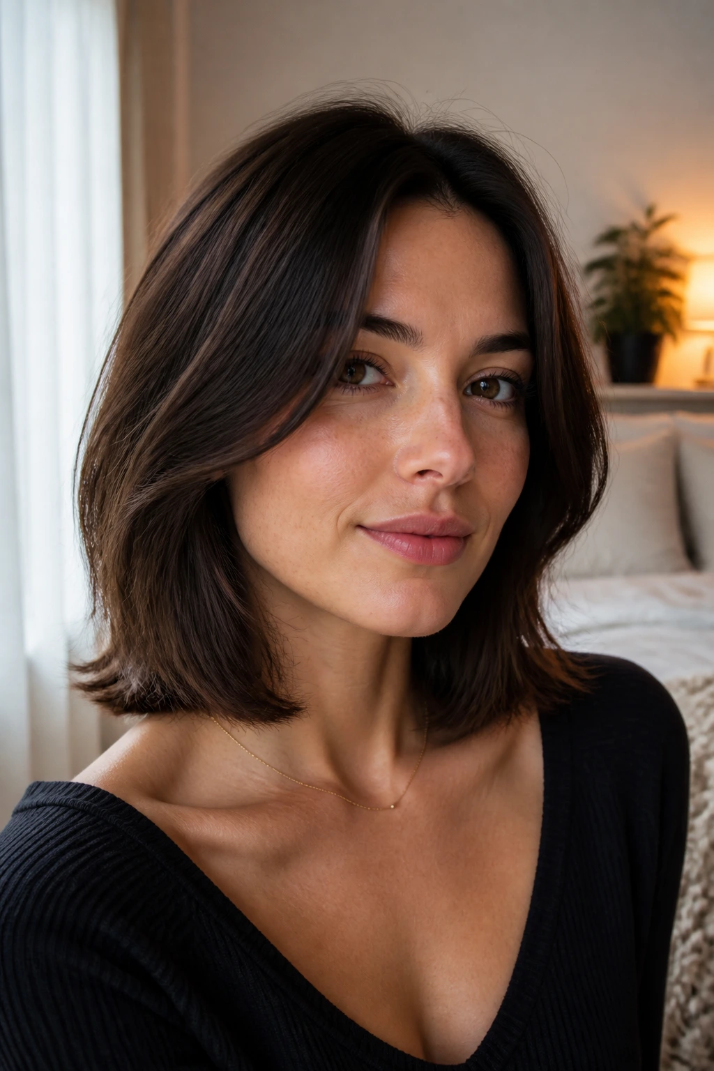 Close-up portrait of a real woman with a collarbone-length lob and invisible layers under soft window light