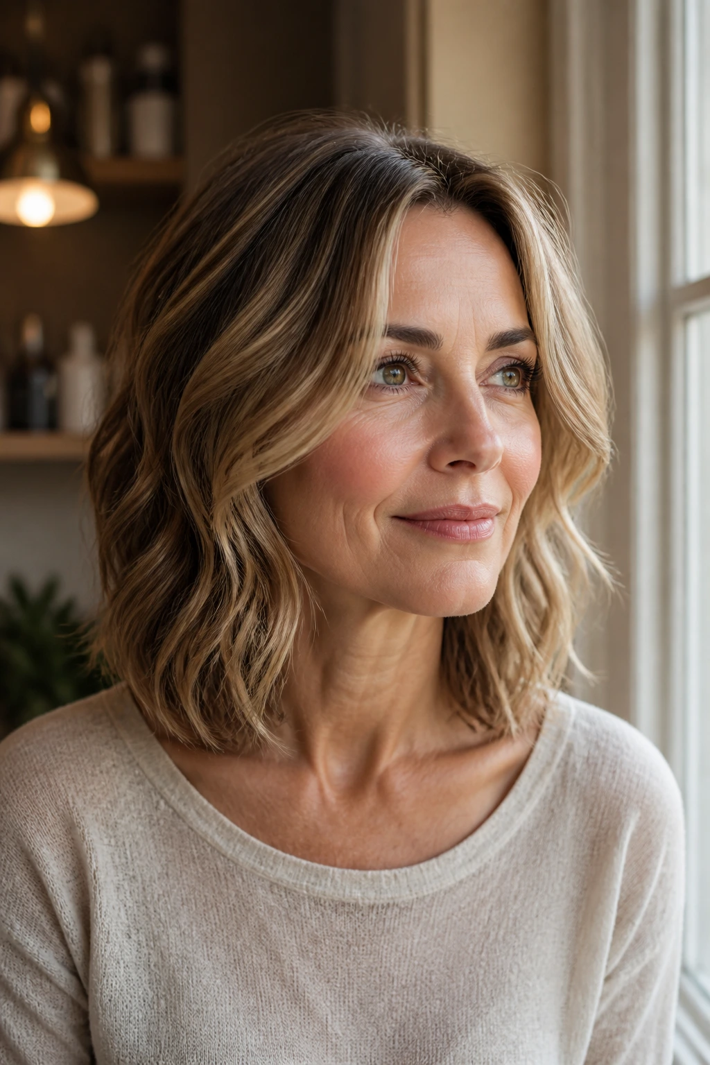 Close-up portrait of a real woman with a collarbone-length lob and invisible layers under natural window light