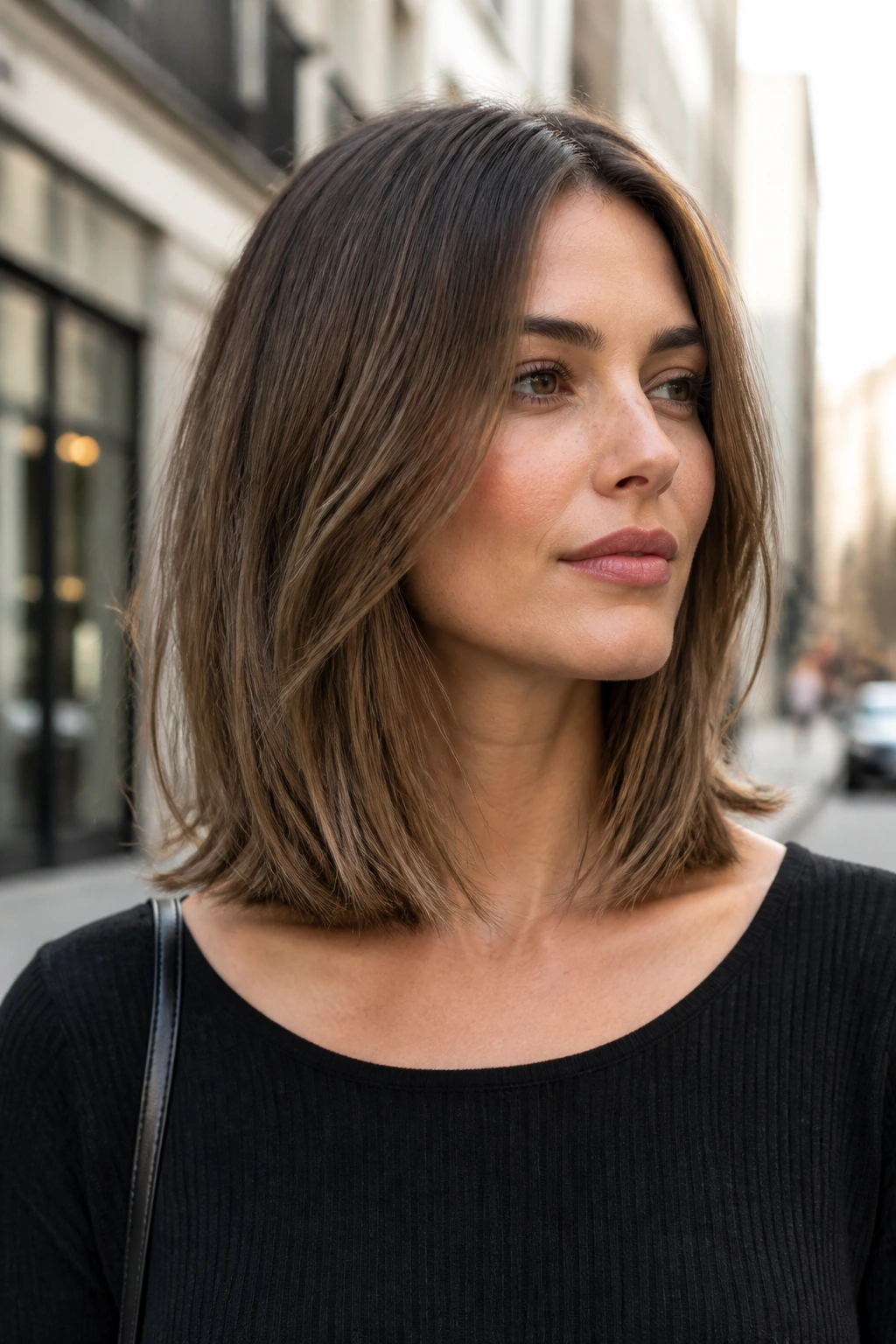 Portrait of a woman with collarbone-length lob featuring invisible layers.