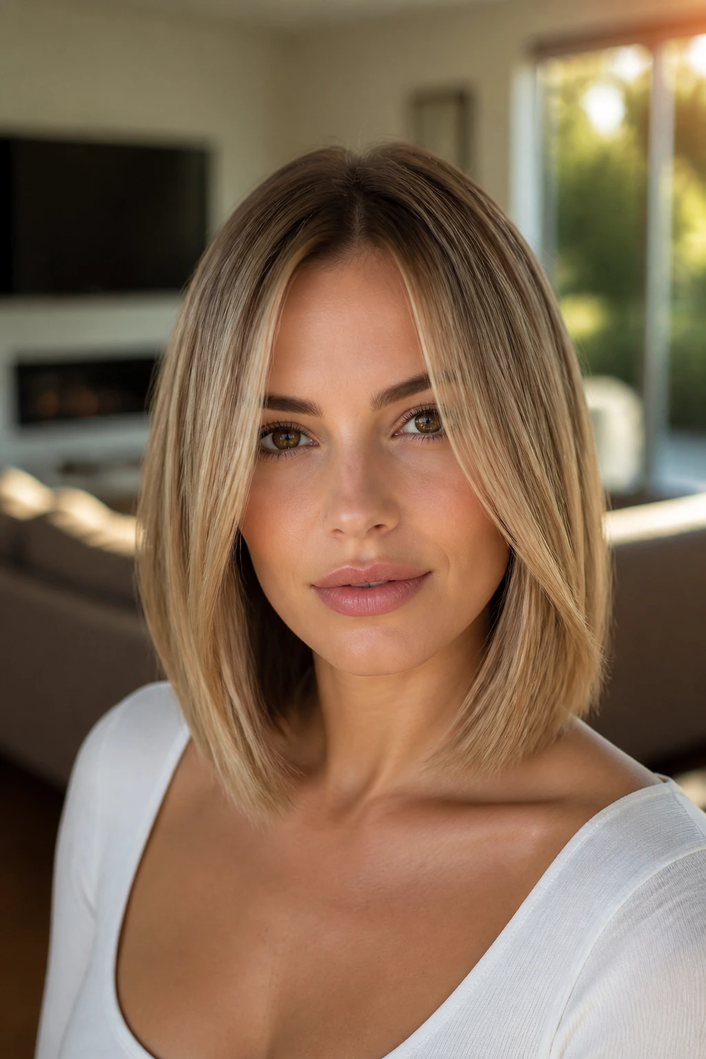 Portrait of a woman with a collarbone-length lob and invisible layers, smooth ends.