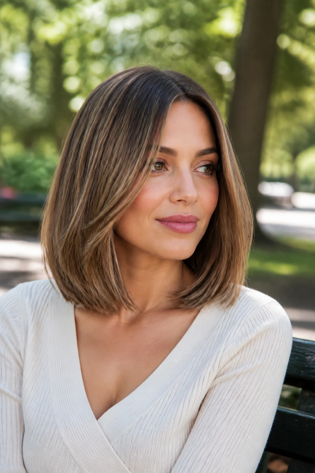 Portrait of a woman with a collarbone-length lob and invisible layers