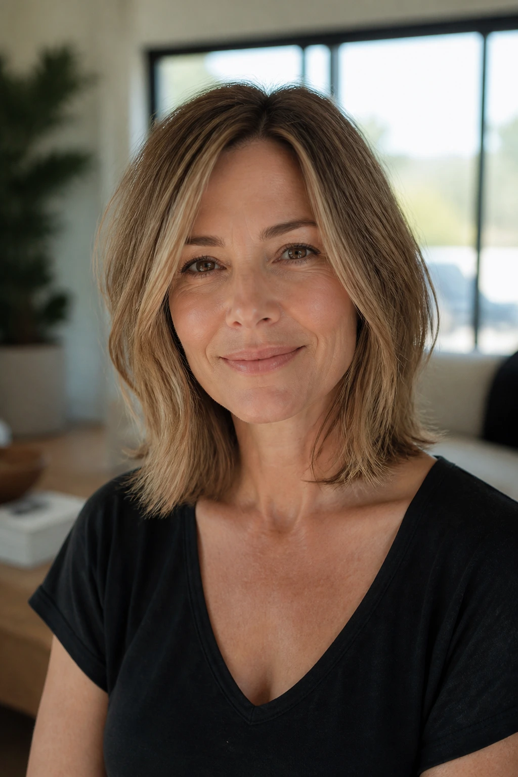 Medium close-up of collarbone-length lob with invisible layers for volume