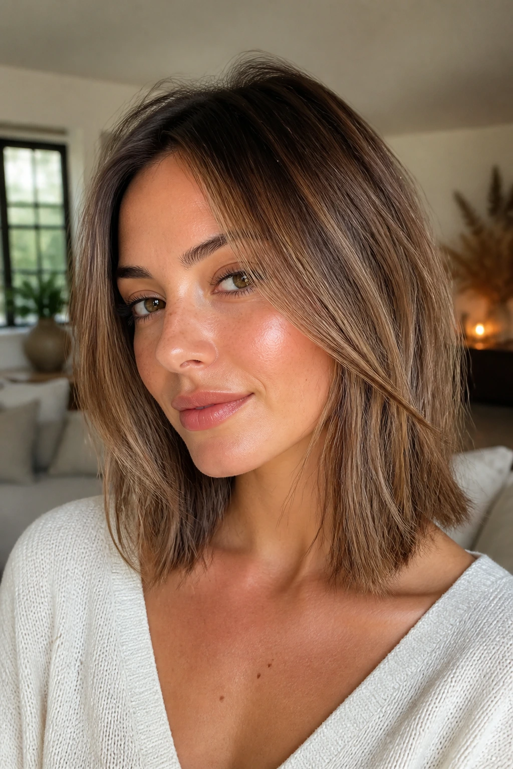 Real woman with collarbone-length lob and invisible layers close-up