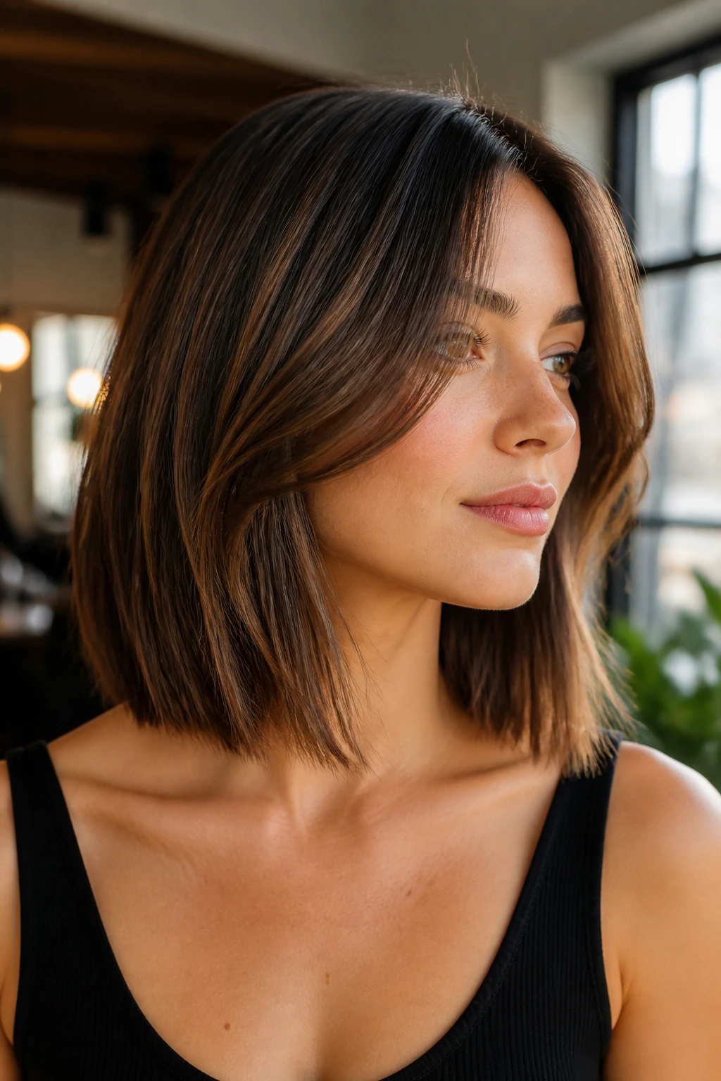 Portrait of a woman with a collarbone-length lob and subtle invisible layers