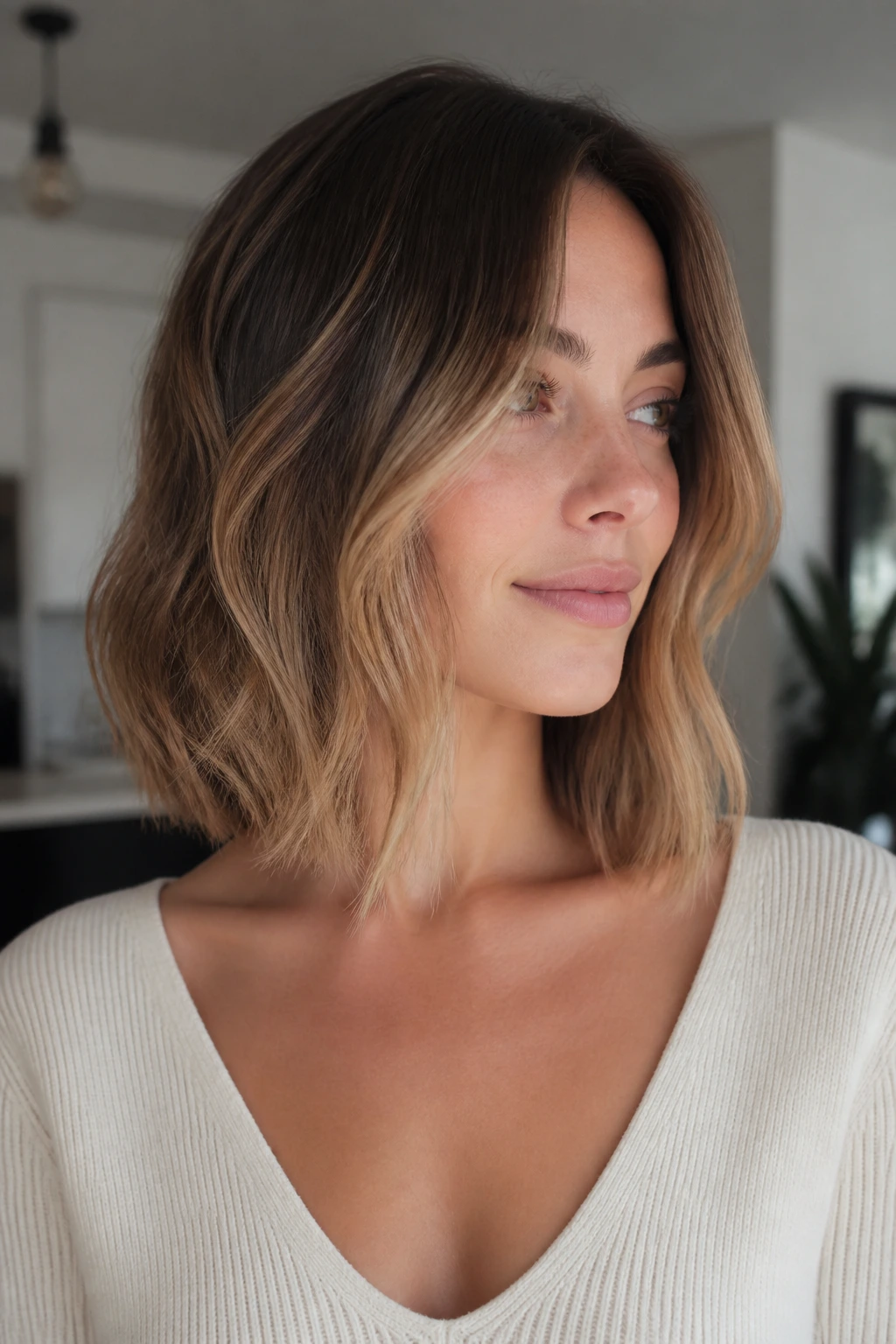 Portrait of a woman with a collarbone-length lob and invisible interior layers
