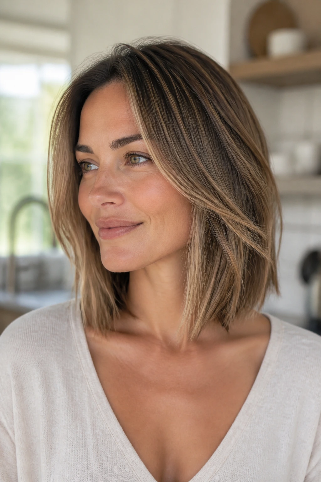 Portrait of a woman with collarbone-length lob and invisible layers