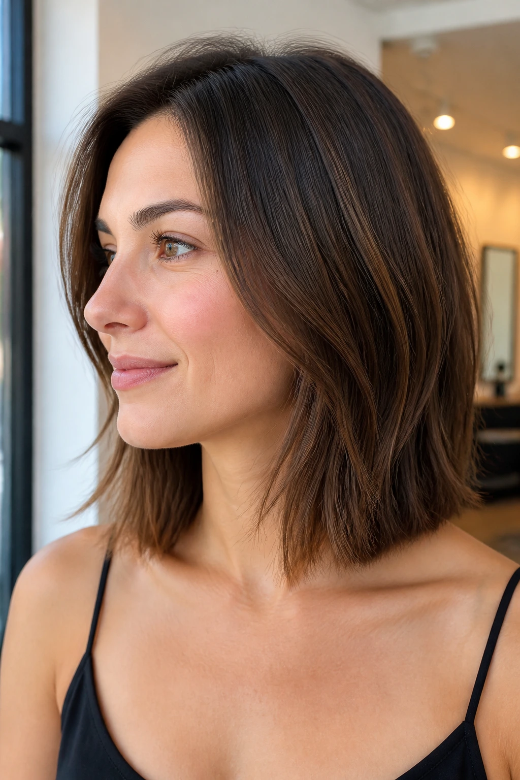 Portrait of person with collarbone-length lob and invisible layers