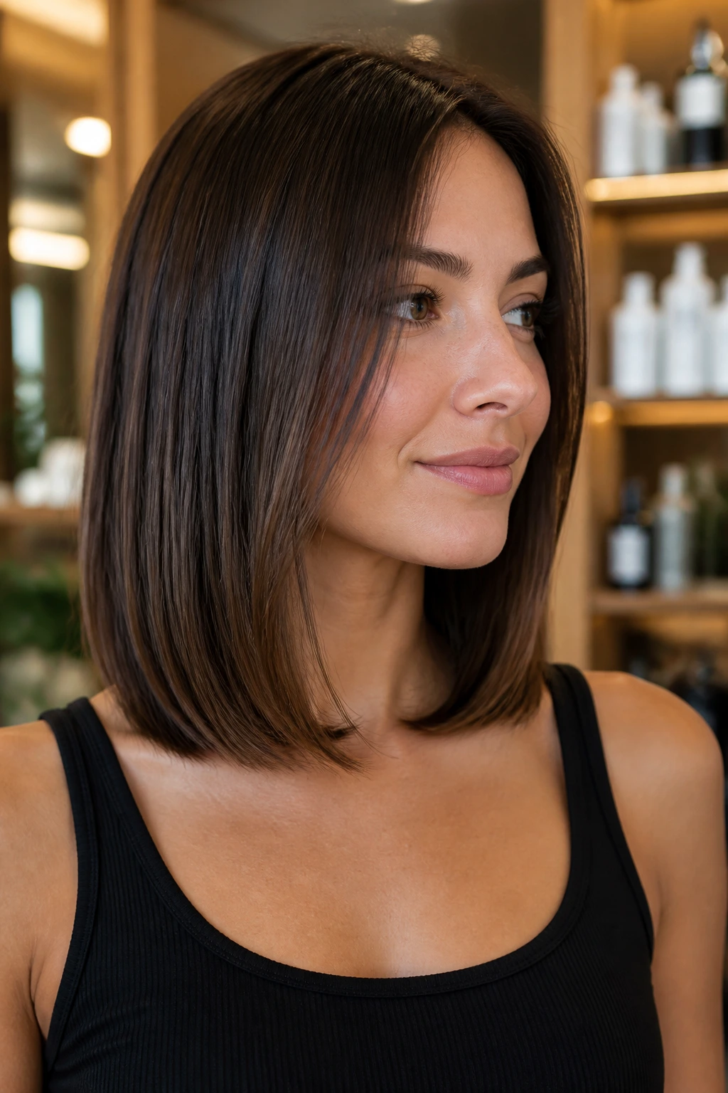 Portrait of a woman with a collarbone-length lob showing hidden interior layers.