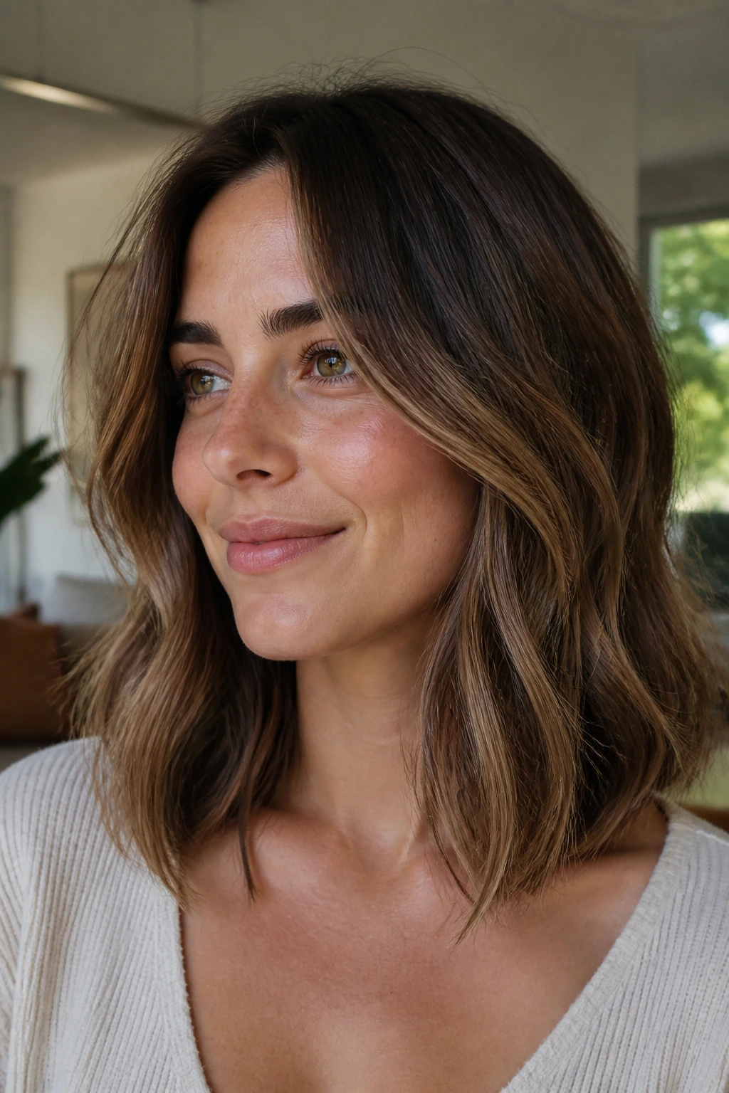 Close-up portrait of a real woman with collarbone-length wavy hair showing invisible layers, lit by warm window light.