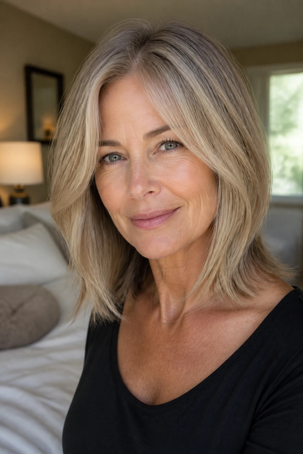 Close-up portrait of a real woman with a collarbone-length lob and hidden layers.