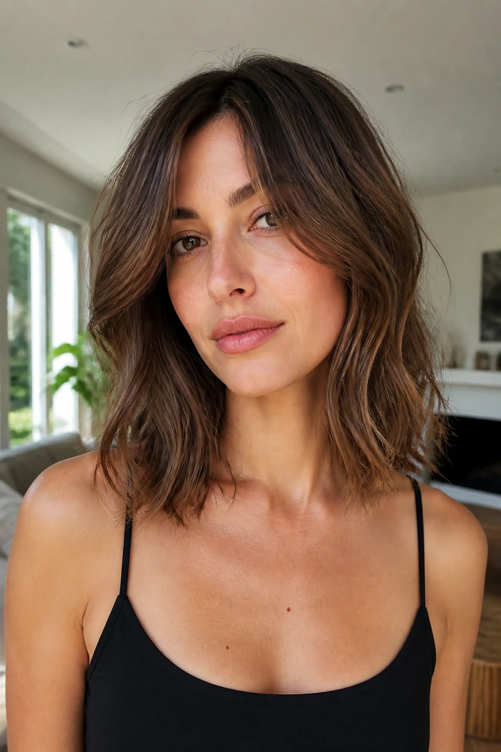 Real woman with collarbone-length lob and invisible layers in bright daylight