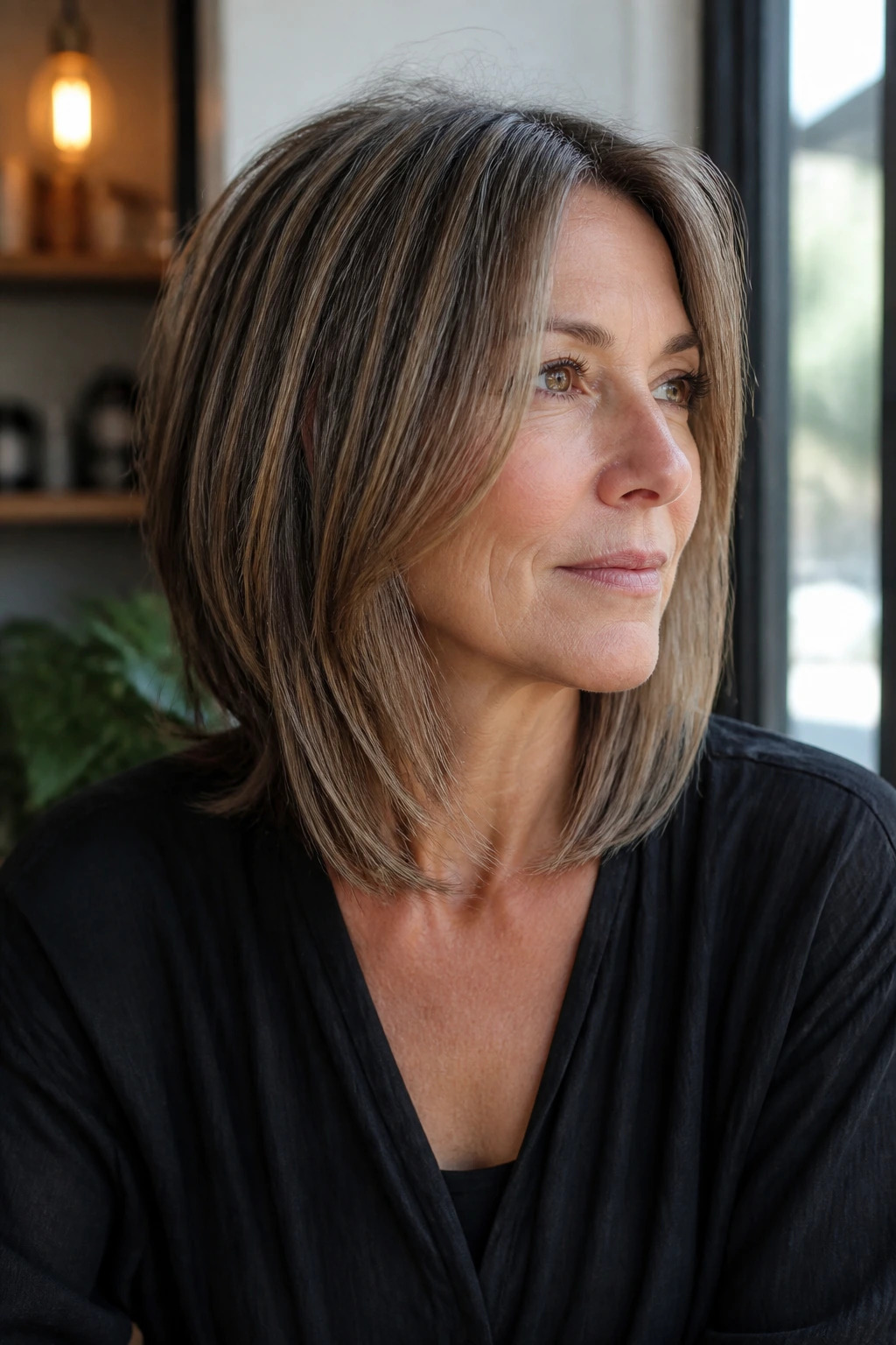 Close-up of a real woman with collarbone-length lob and long quiet layers
