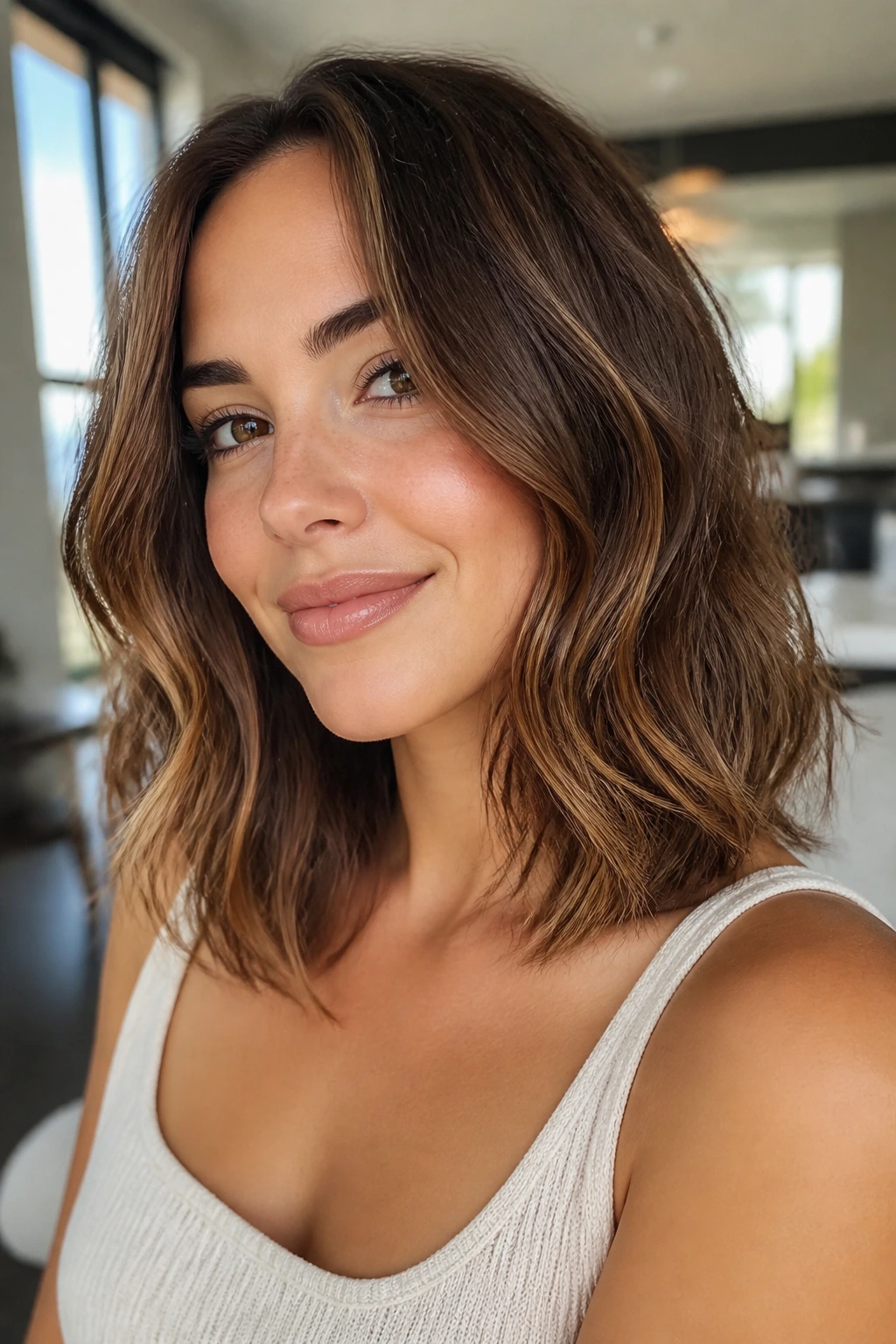 Close-up of a real woman with a collarbone-length lob showing invisible layers
