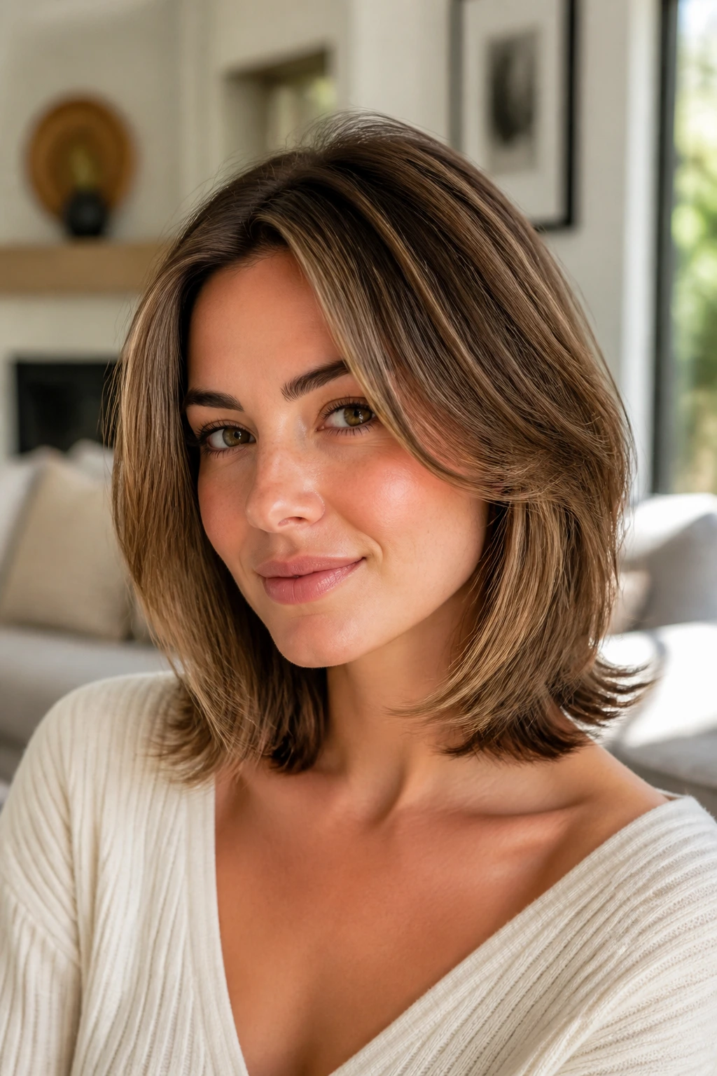 Close-up portrait of a woman with collarbone-length lob and cheekbone layers.