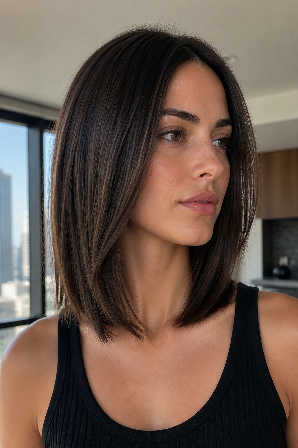 Portrait of a real woman with collarbone-length lob and invisible interior layers.
