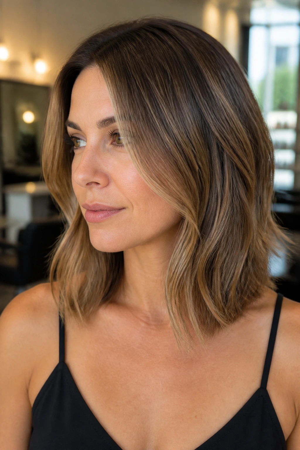 Real woman with collarbone-length lob and hidden layers