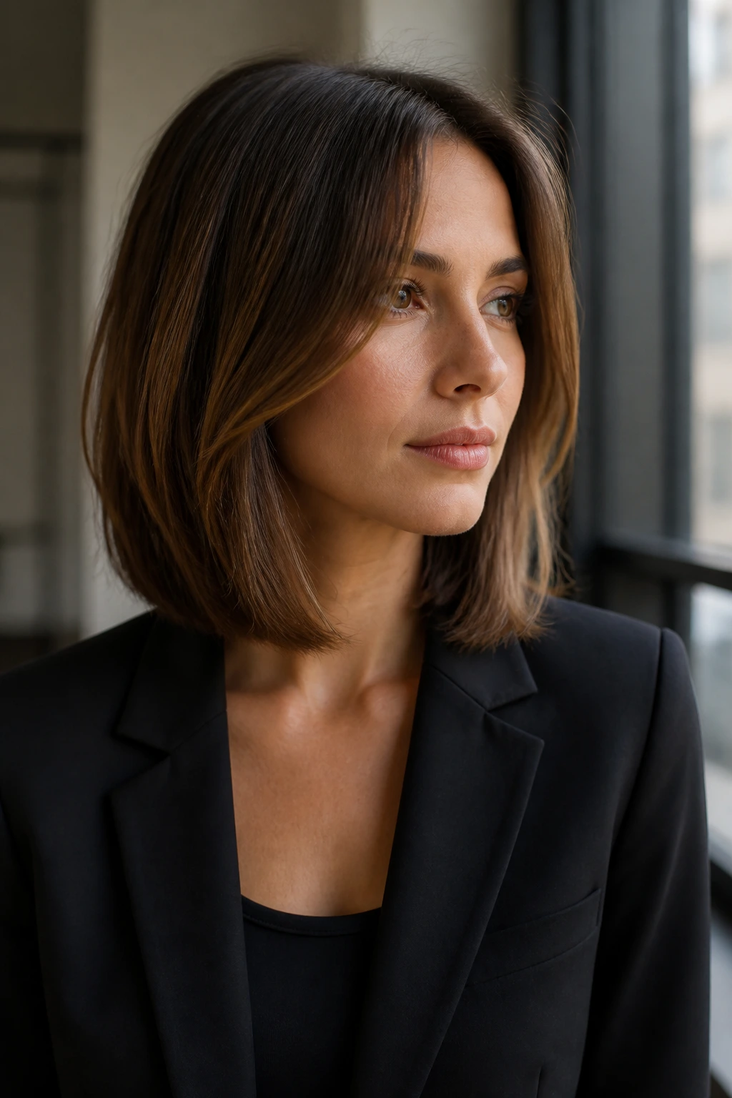 Close-up of a real person with a collarbone-length invisible-layer lob in a professional setting