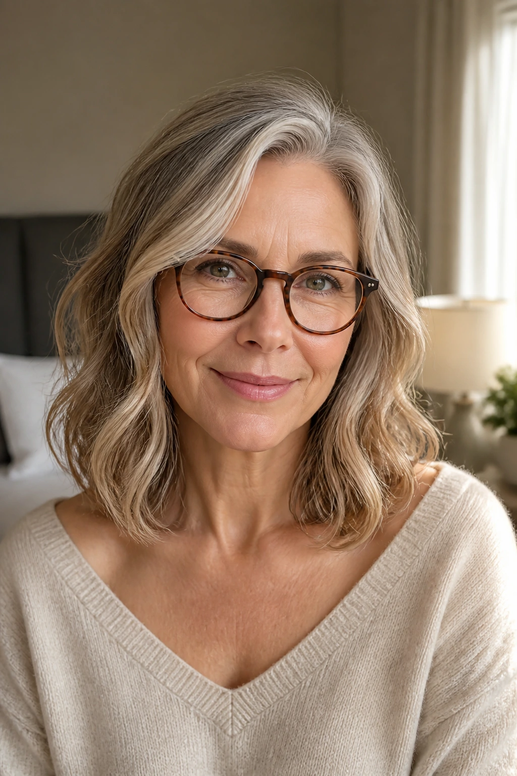 Medium close-up of a real woman with collarbone-length lob and soft internal layers in warm morning light