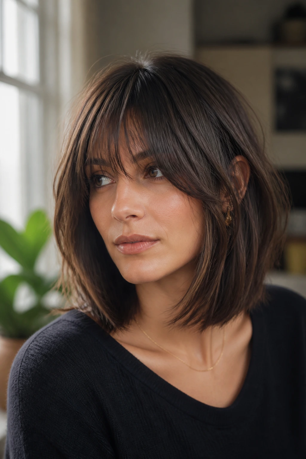 Real woman with collarbone lob and long layered fringe in soft indoor light