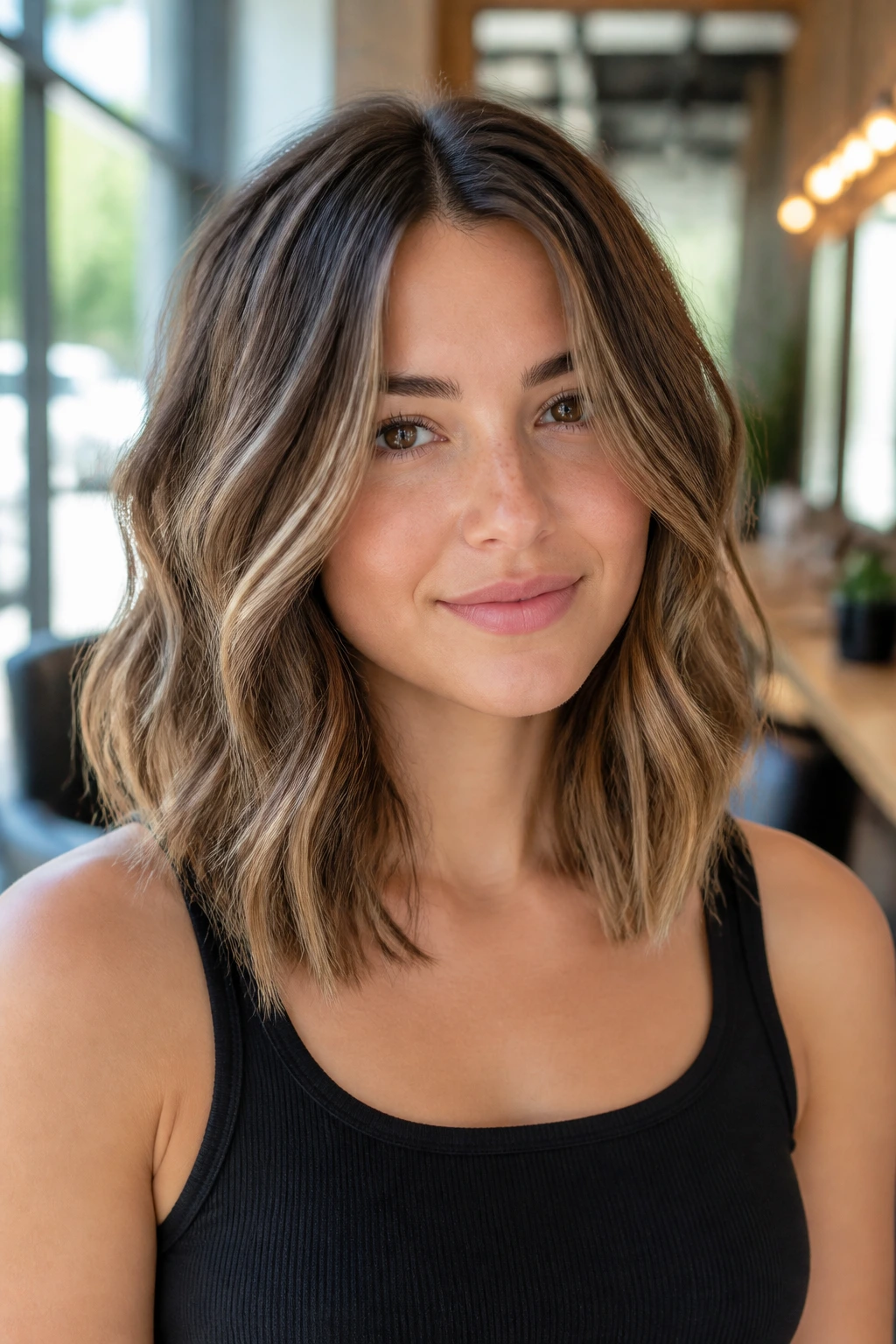 Close-up of collarbone-length lob with long layers on a real woman