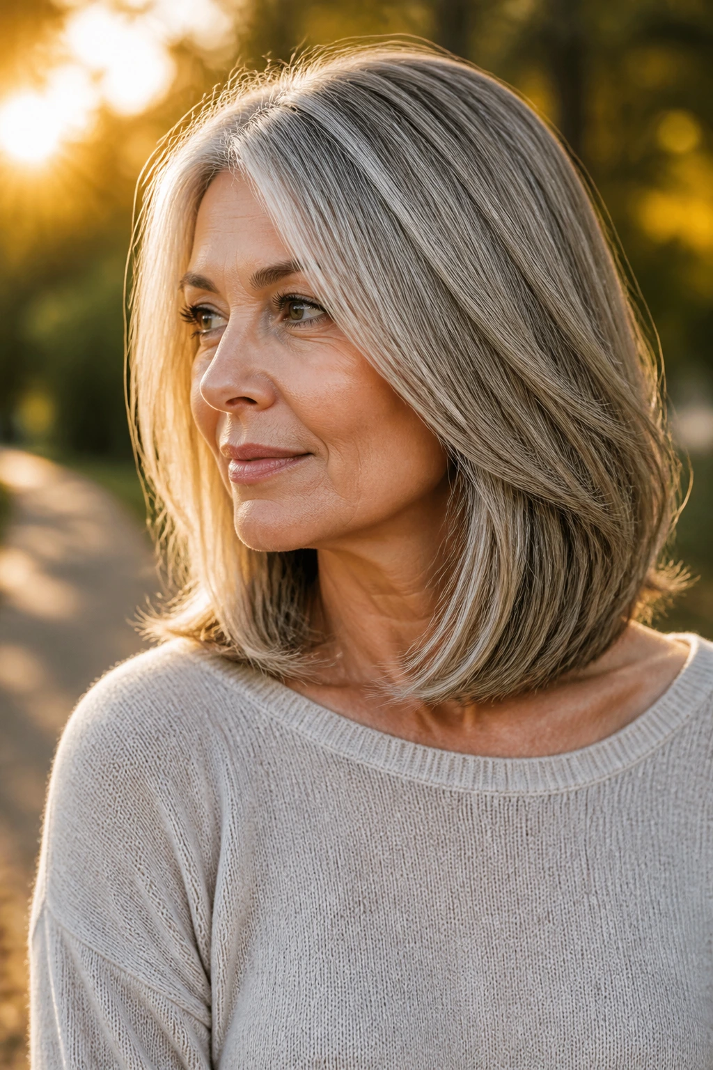 Portrait of a woman with a collarbone-length lob and internal layers