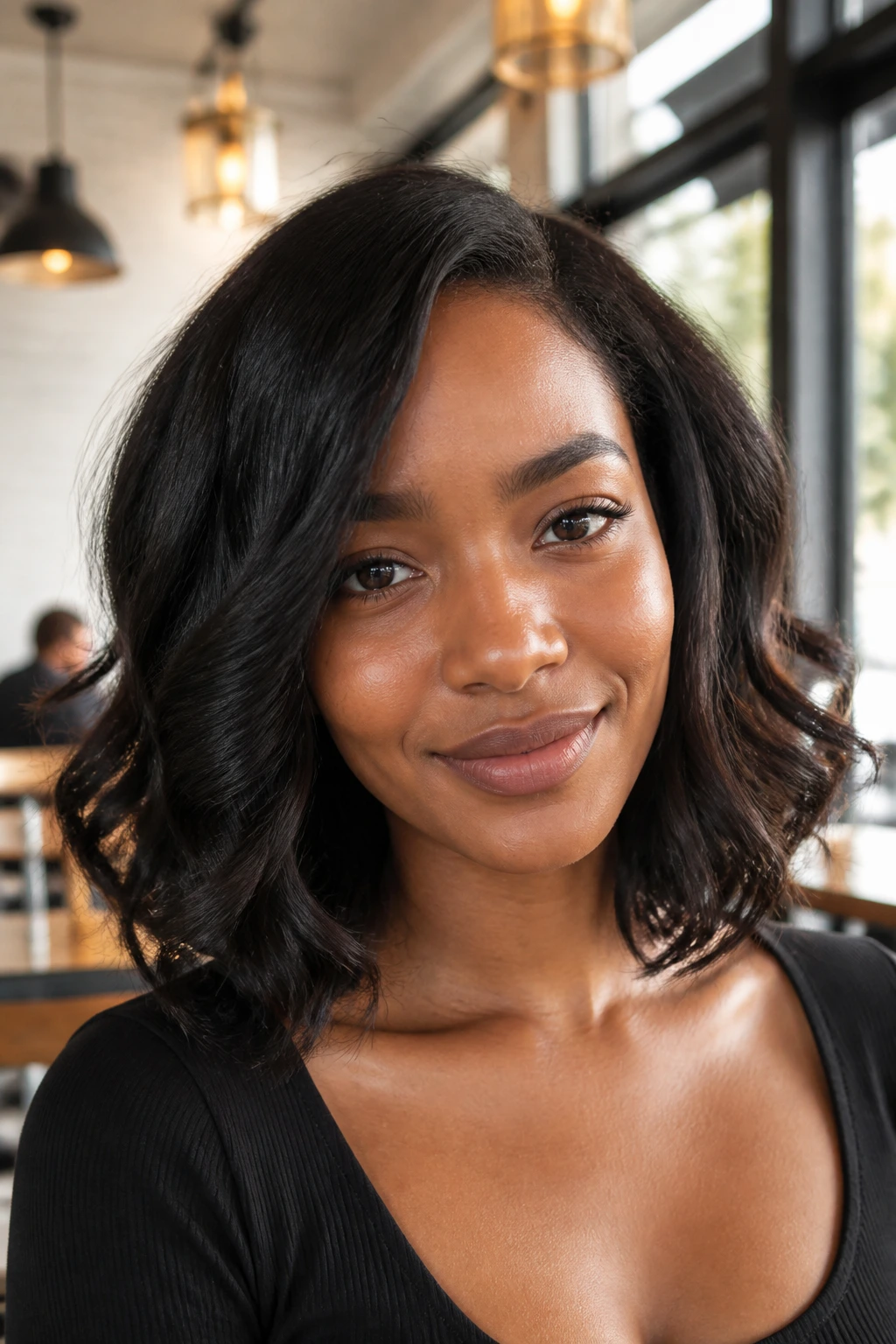 Close-up portrait of a real woman with a collarbone-length lob and loose ends
