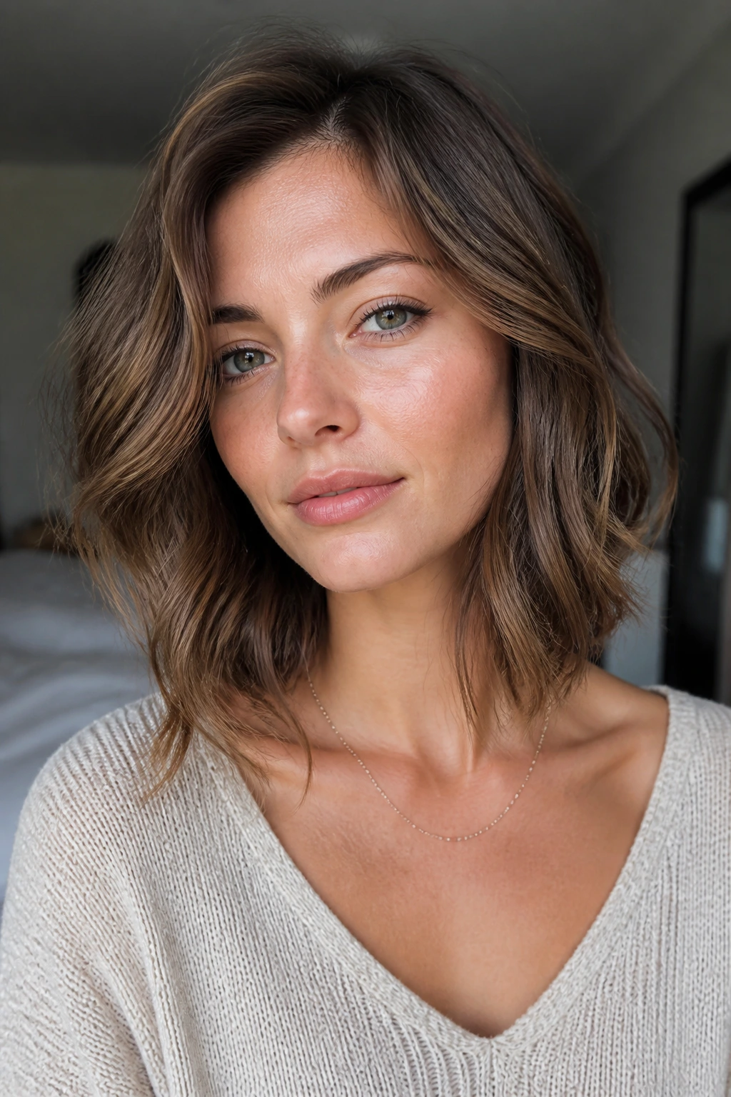 Portrait of a person with a collarbone-length lob and loose ends.