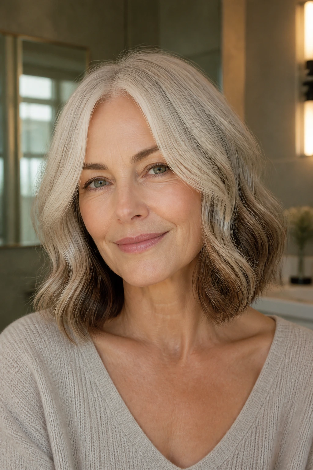 Close-up of collarbone-length lob with mocha lowlights on a real woman