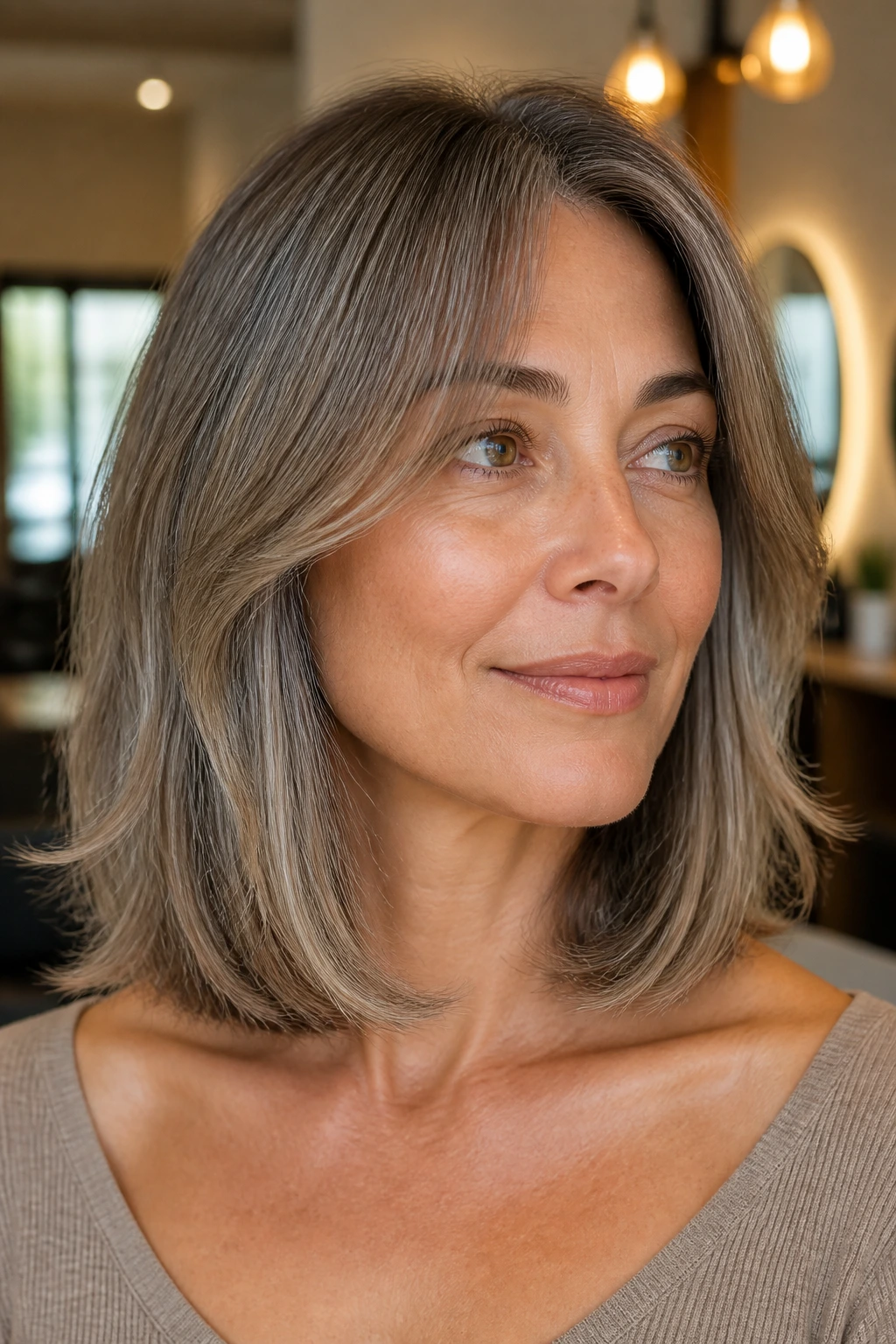 Portrait of a real woman with mushroom-grey collarbone lob and warm tones