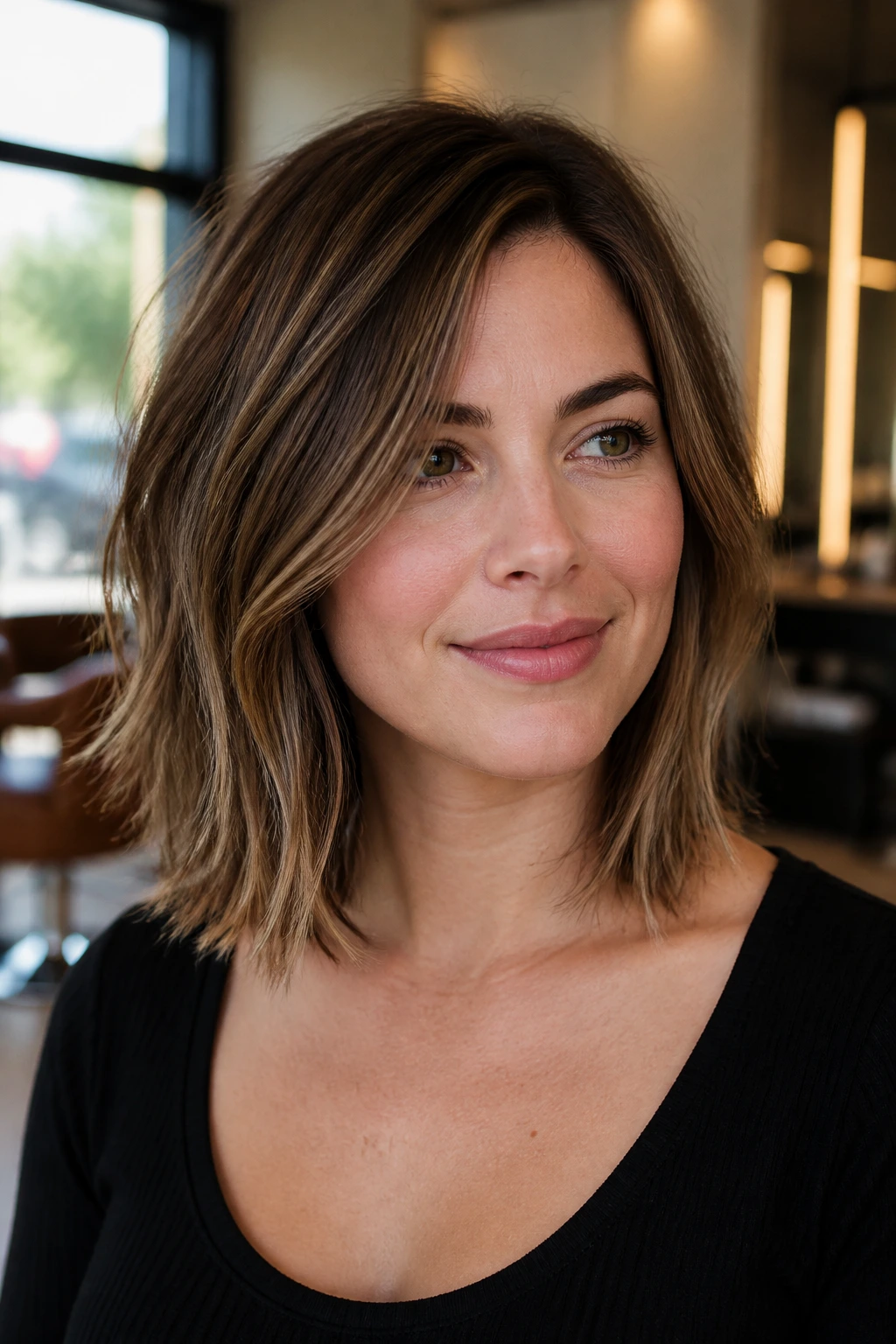 Portrait of a woman with a collarbone-length lob and piecey ends.