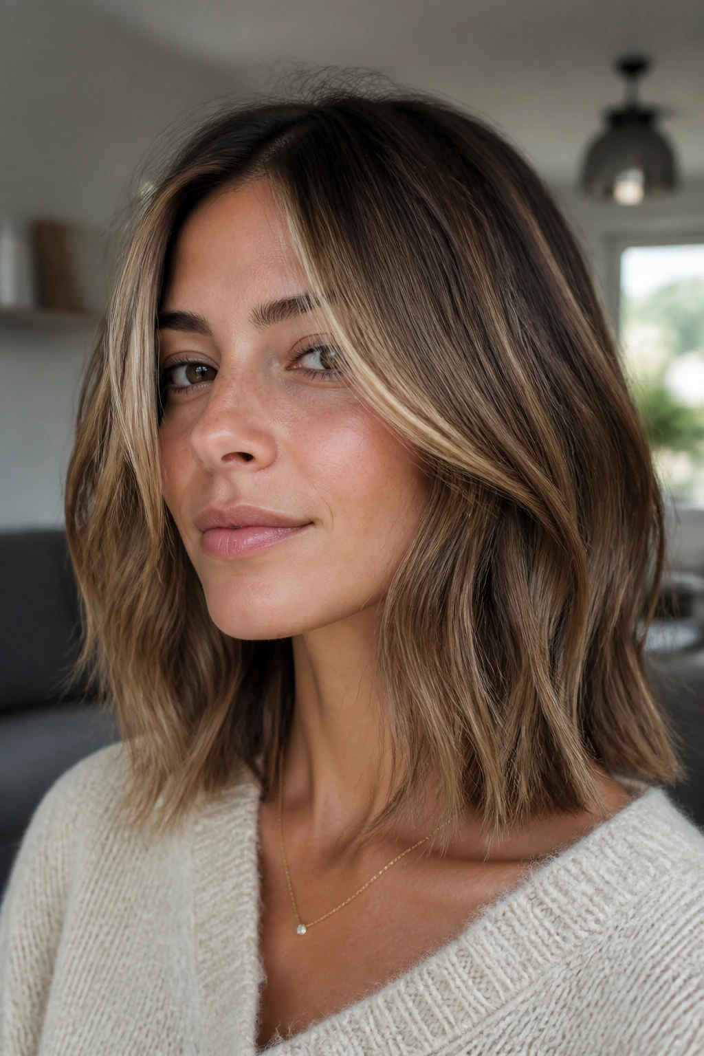 Close-up of collarbone-length lob with beige babylights highlighting the crown