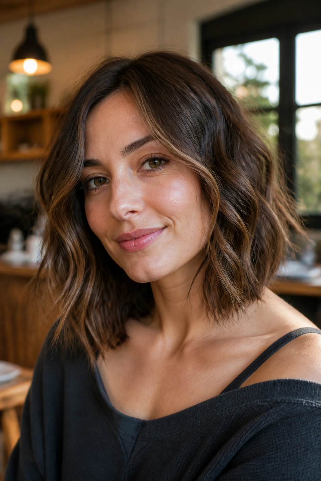 Portrait of a woman with a razor-cut collarbone-length lob in natural light