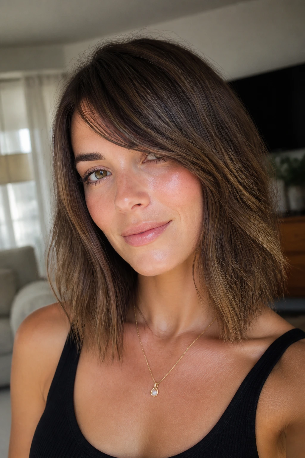 Portrait of a real woman with a collarbone-length lob and razored ends.