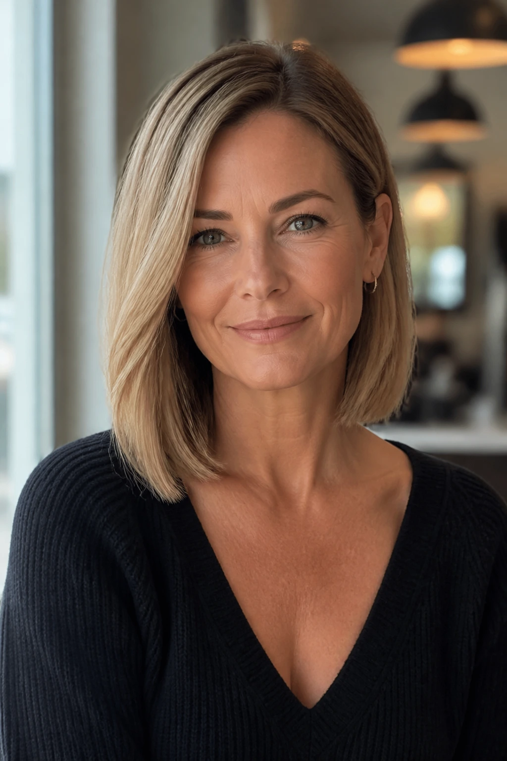 Real woman with collarbone-length lob showing blunt ends.