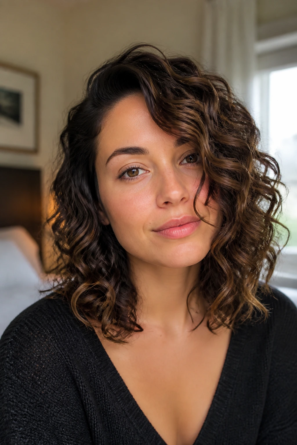 Close-up portrait of collarbone-length lob with long loose ringlets on a real woman