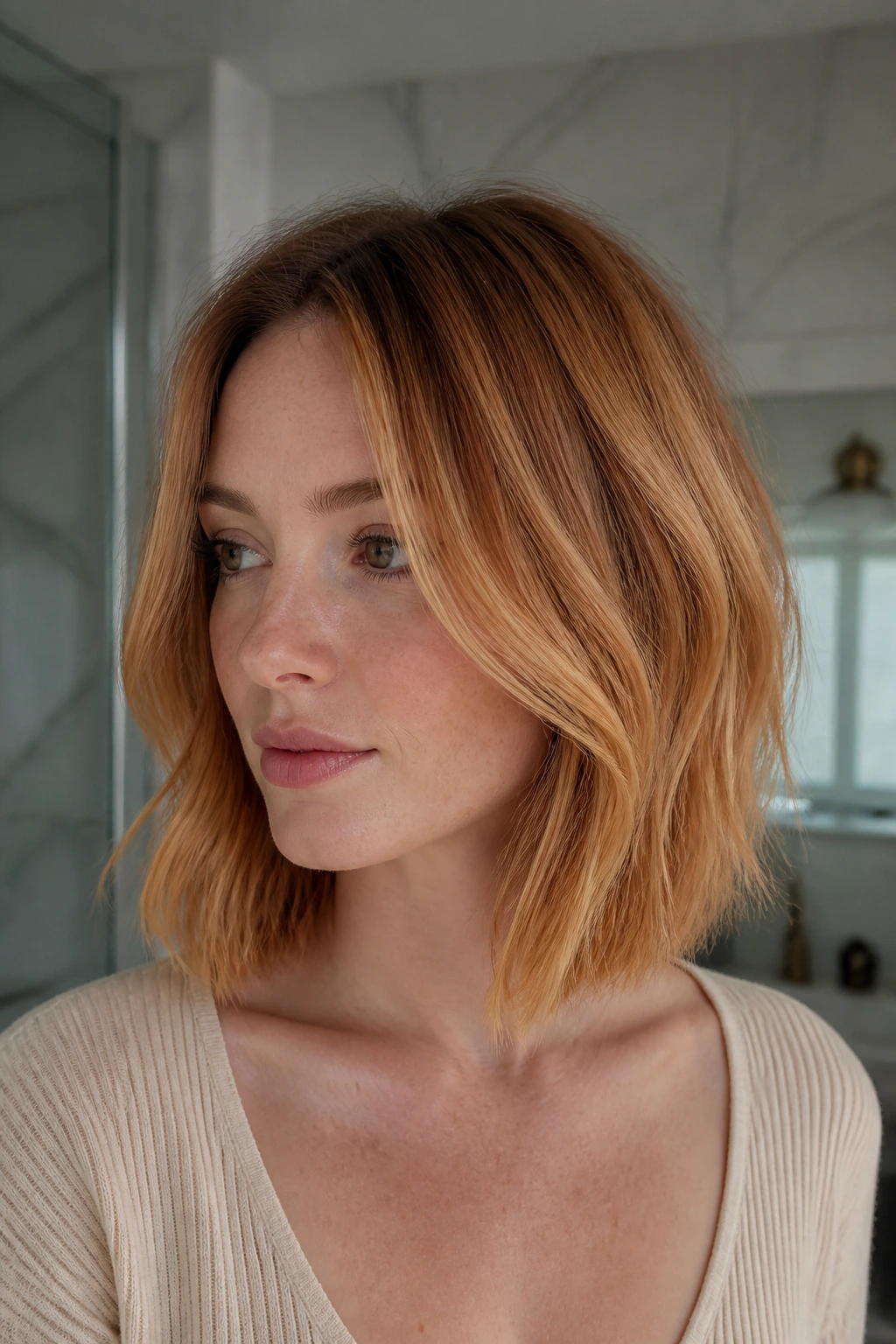 Real person with collarbone-length lob and root shadow, soft daylight.