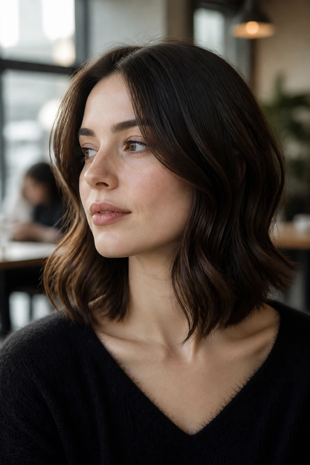 Close-up portrait of a real woman with collarbone-length lob and soft S-bend in hair.