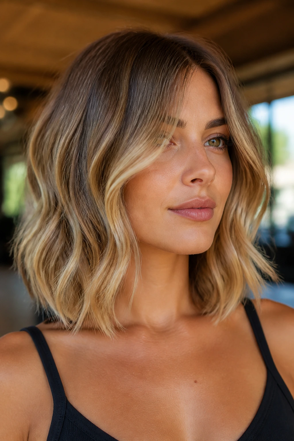 Close-up of a real woman with collarbone-length lob and soft S-waves