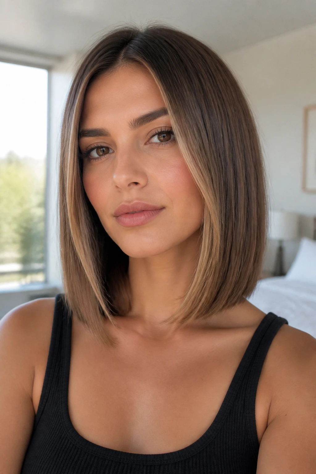 Portrait of a real woman with collarbone-length lob and satin-straight ends