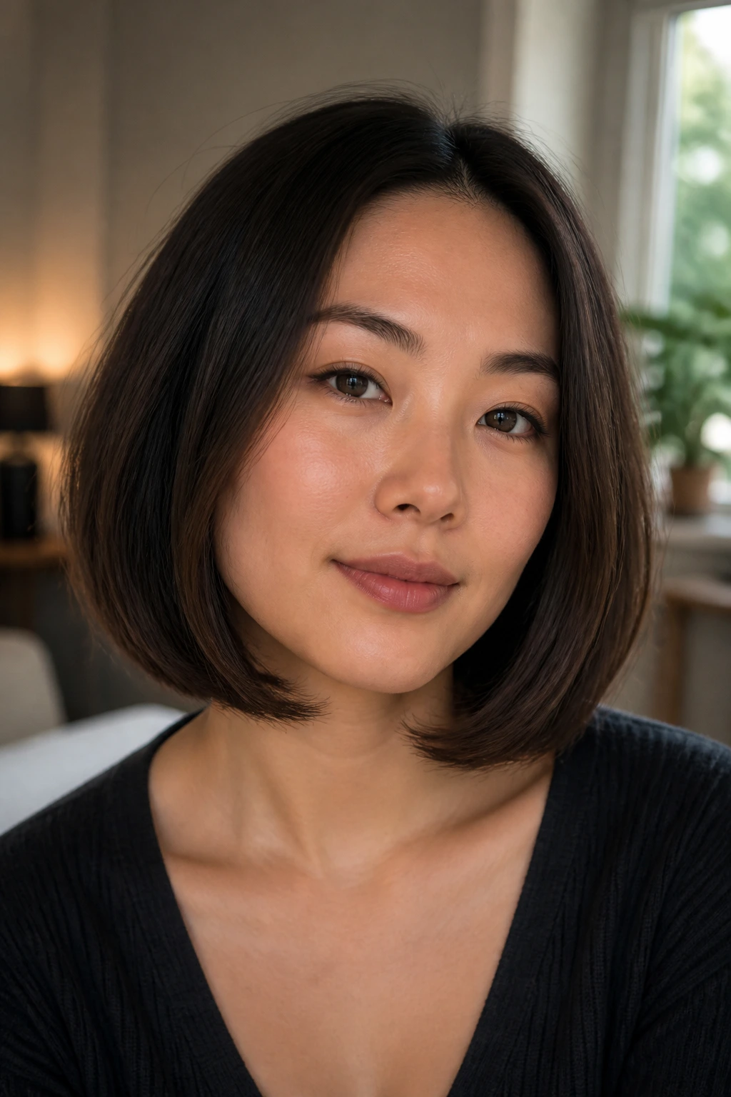 Portrait of a real person with collarbone-length lob and soft C-curl ends