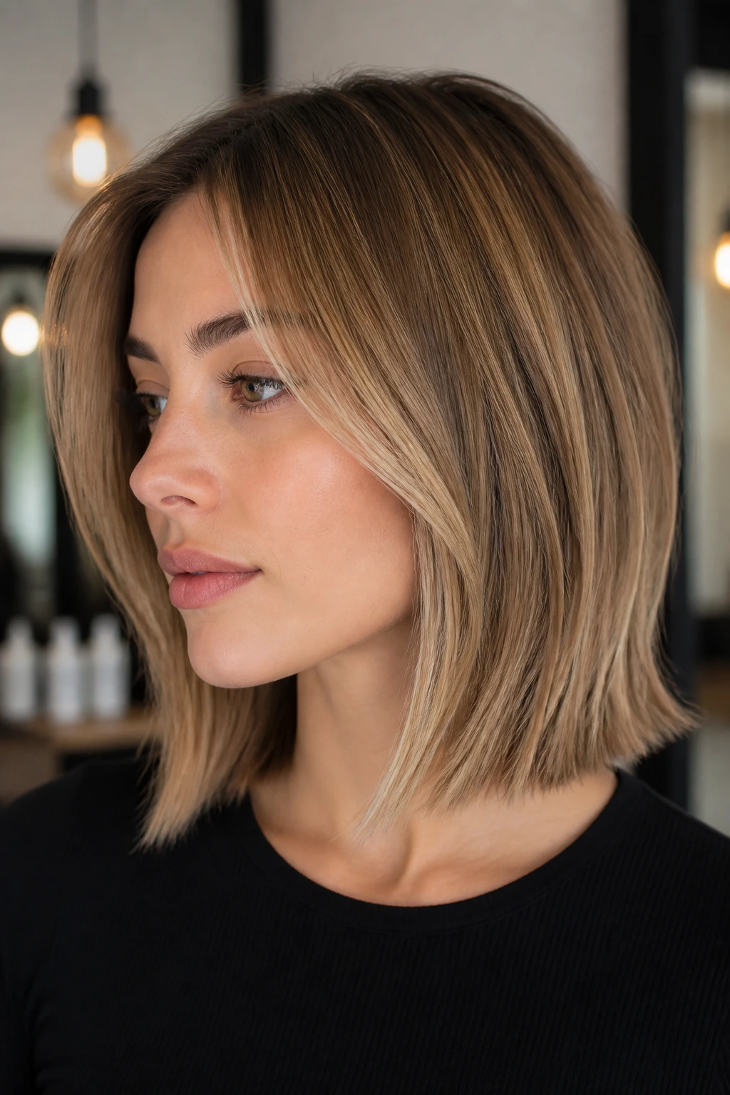 Close-up of a real person with a collarbone-length lob and babylights in a chic salon.