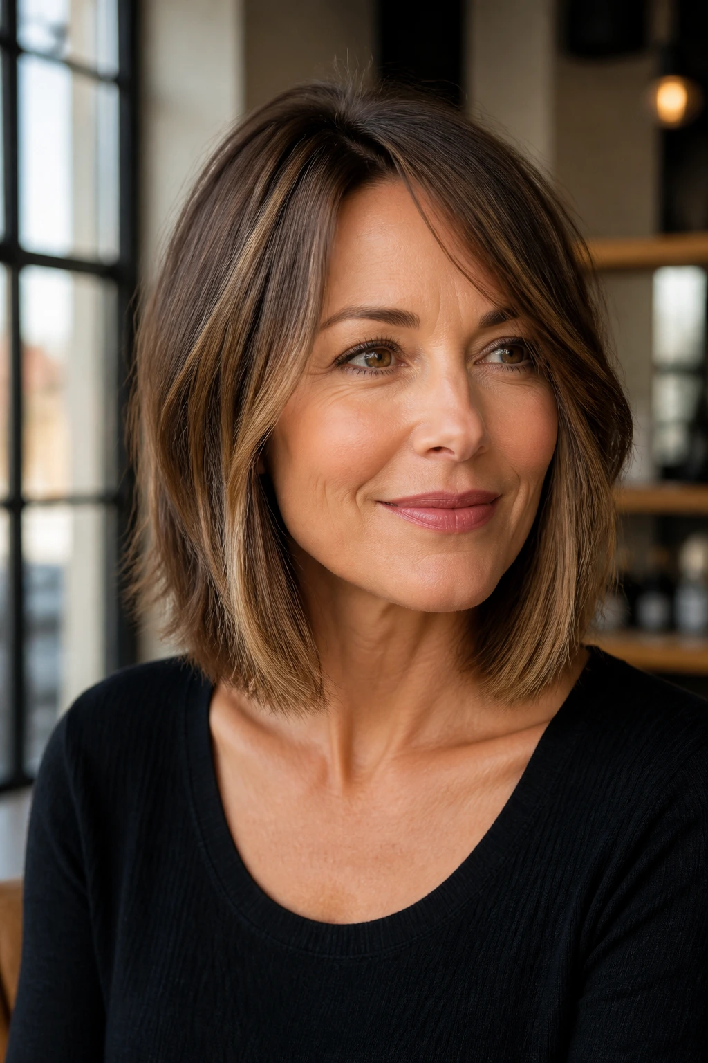 Portrait of a woman with a collarbone-length lob showcasing a strong perimeter shape